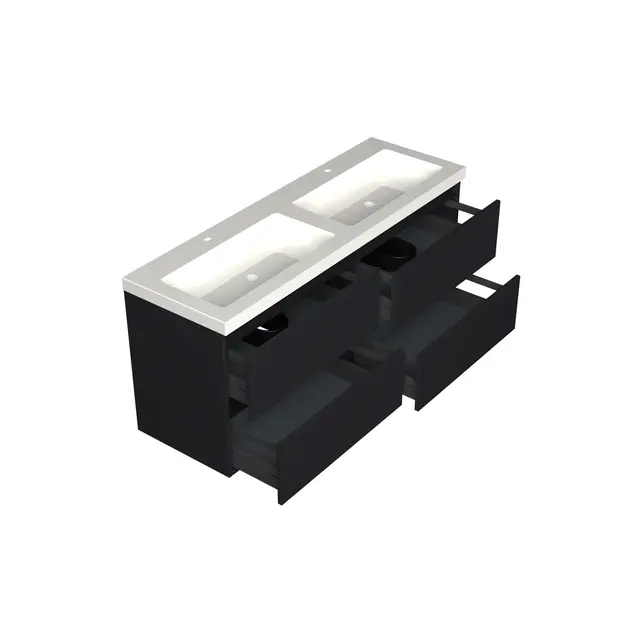 Wastafelonderkast Lumiere Mat Zwart 4-lades - 140x45x58cm - 2-uitsparingen