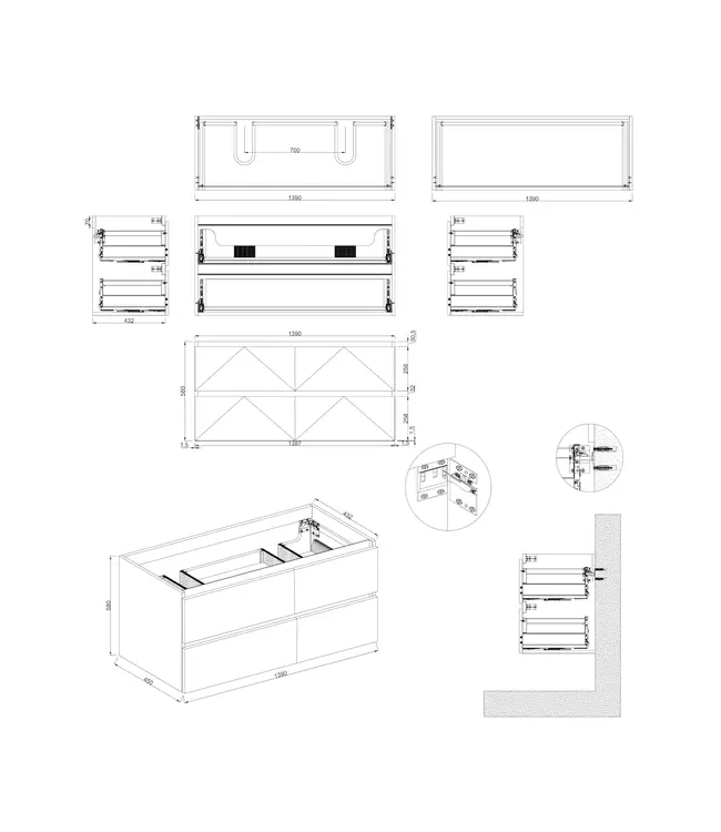 Wastafelonderkast Lepor Glans Wit 4-lades - 140x45x58cm - 2-uitsparingen