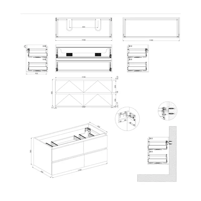 Wastafelonderkast Lepor Mat Wit 4-lades - 120x45x58cm - 2-uitsparingen