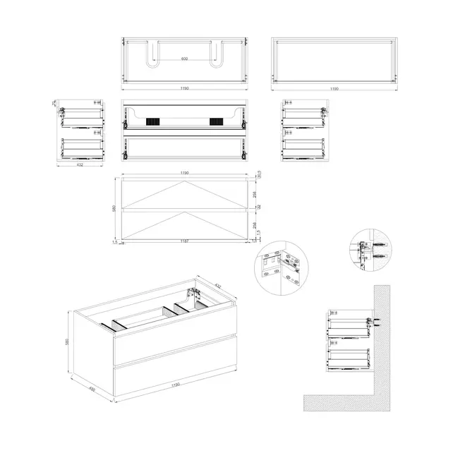 Wastafelonderkast Hamilton Walnoot 2-lades - 120x45x58cm - 2-uitsparingen