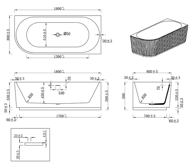 Halfvrijstaand Hoekbad Rechts met ribbels – Rivi Mat Wit 180x80cm - 21.3688