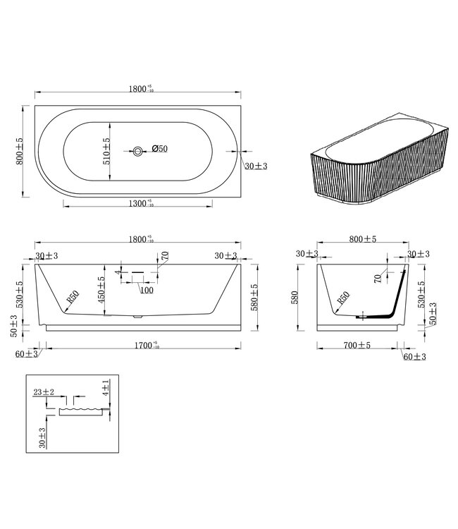 Halfvrijstaand Hoekbad Rechts met ribbels – Rivi Mat Wit 180x80cm - 21.3688
