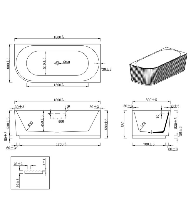 Halfvrijstaand Hoekbad Rechts met ribbels – Rivi Glans Wit 180x80cm - 21.3686