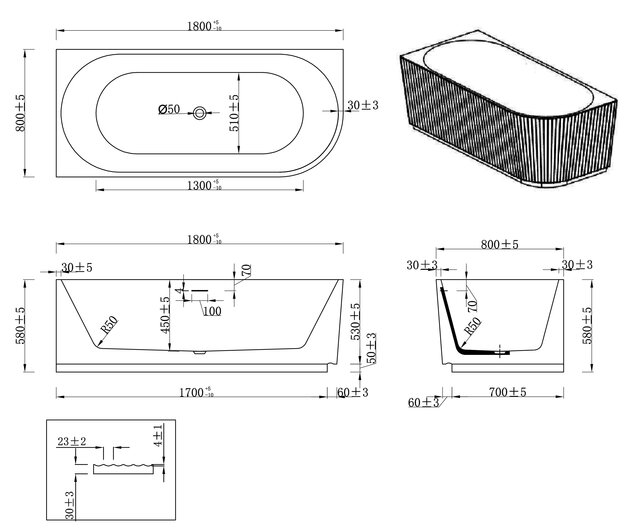 Halfvrijstaand Hoekbad Links met ribbels – Rivi Glans Wit 180x80cm - 21.3684