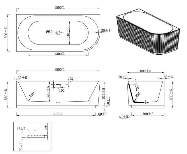 Halfvrijstaand Hoekbad Links met ribbels – Rivi Mat Wit 180x80cm - 21.3687