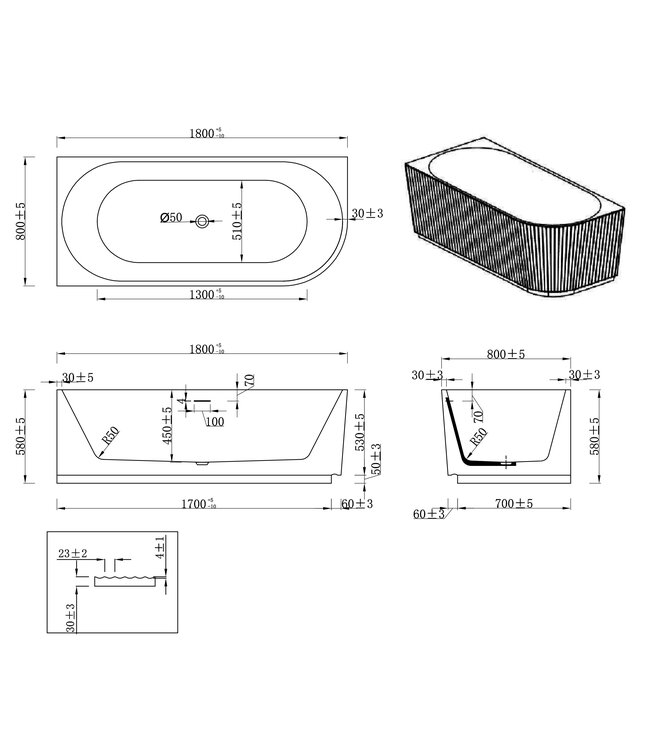 Halfvrijstaand Hoekbad Links met ribbels – Rivi Mat Wit 180x80cm - 21.3687