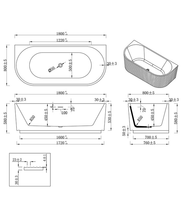 Halfvrijstaand ligbad met ribbels – Rivi Glans Wit 180x80cm - 21.3678