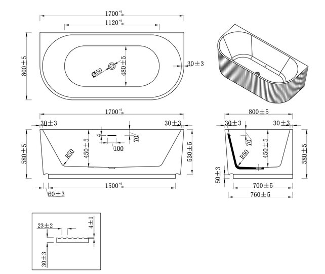 Halfvrijstaand ligbad met ribbels – Rivi Glans Wit 170x80cm - 21.3677