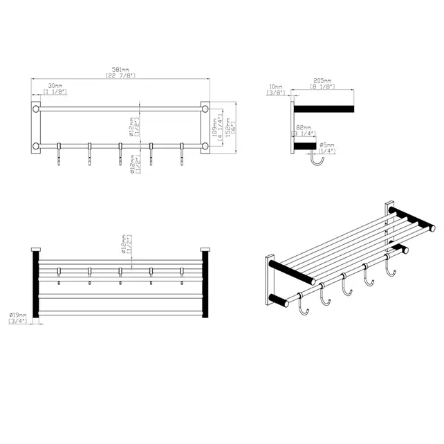 Handdoekrek met haken Domo RVS 58x20cm
