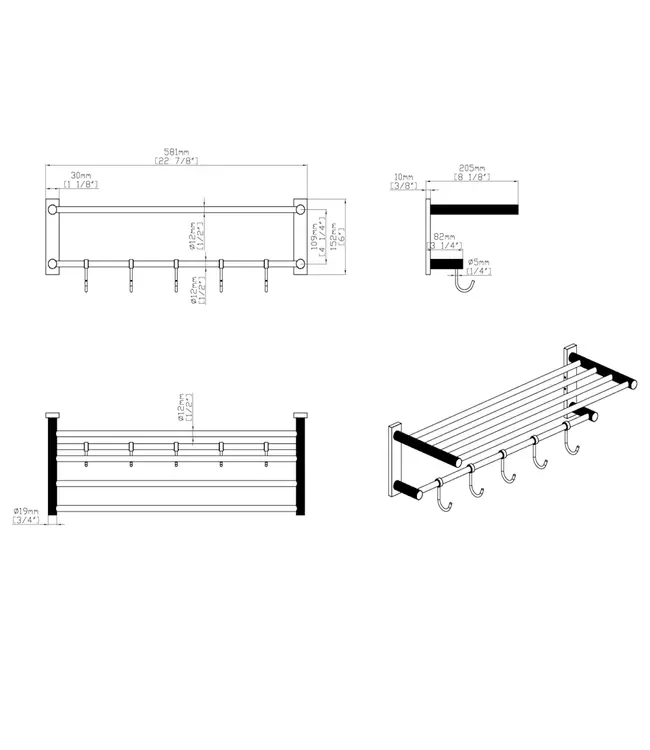 Handdoekrek met haken Domo Mat Zwart 58x20cm