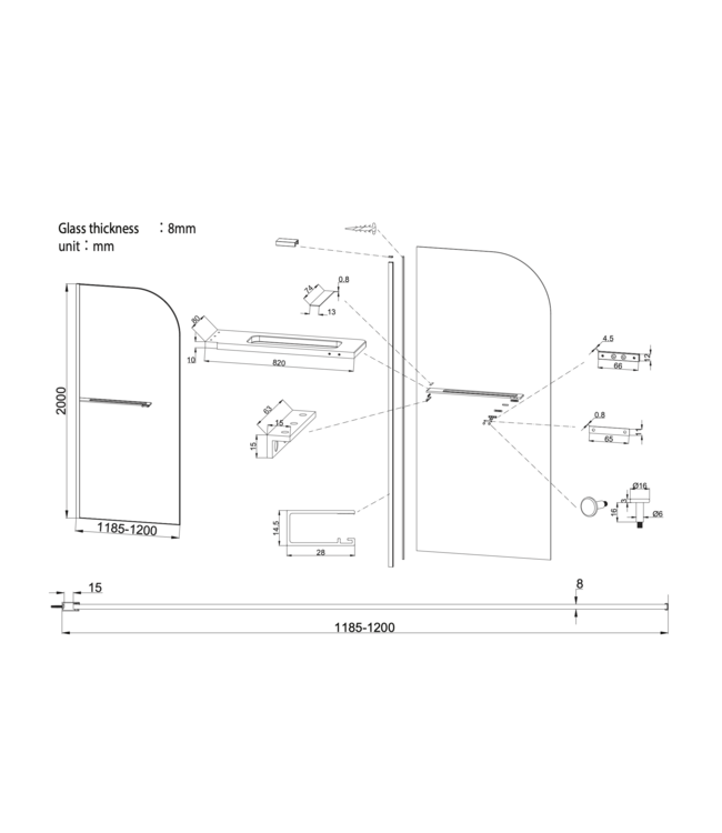 Inloopdouche Douchewand Curvy Zwart met rookglas 120cm 8mm veiligheidsglas met anti-kalk