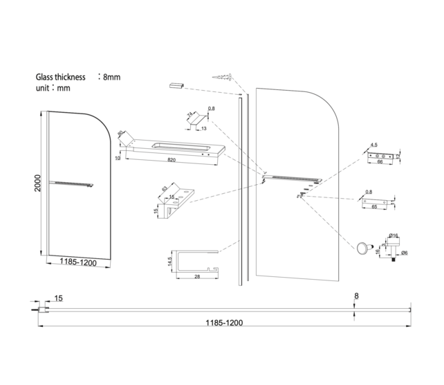 Inloopdouche Douchewand Curvy Geborsteld Goud met rookglas 120cm 8mm veiligheidsglas met anti-kalk