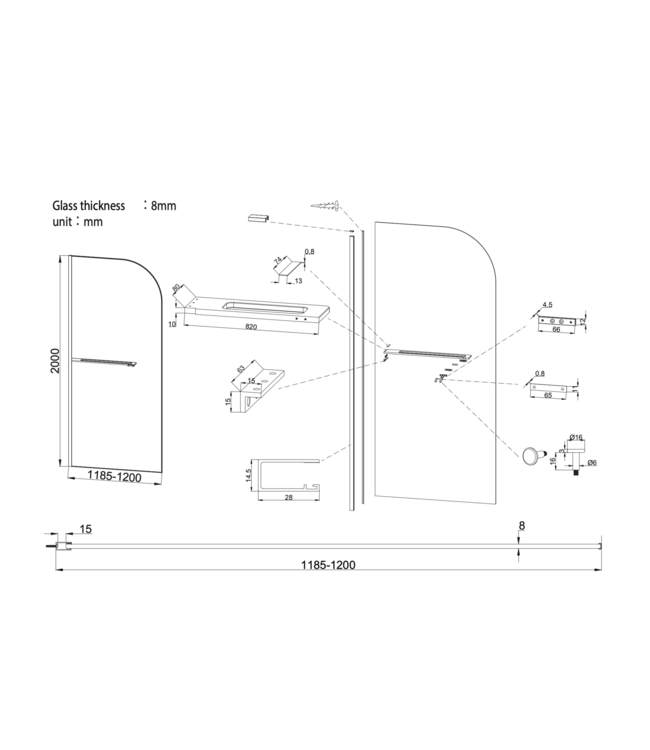 Inloopdouche Douchewand Curvy Geborsteld Koper met rookglas 120cm 8mm veiligheidsglas met anti-kalk