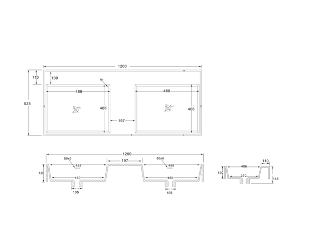 Wastafel Wonda Square 120cm - Kunstmarmer Dubbele wasbak - zonder kraangaten