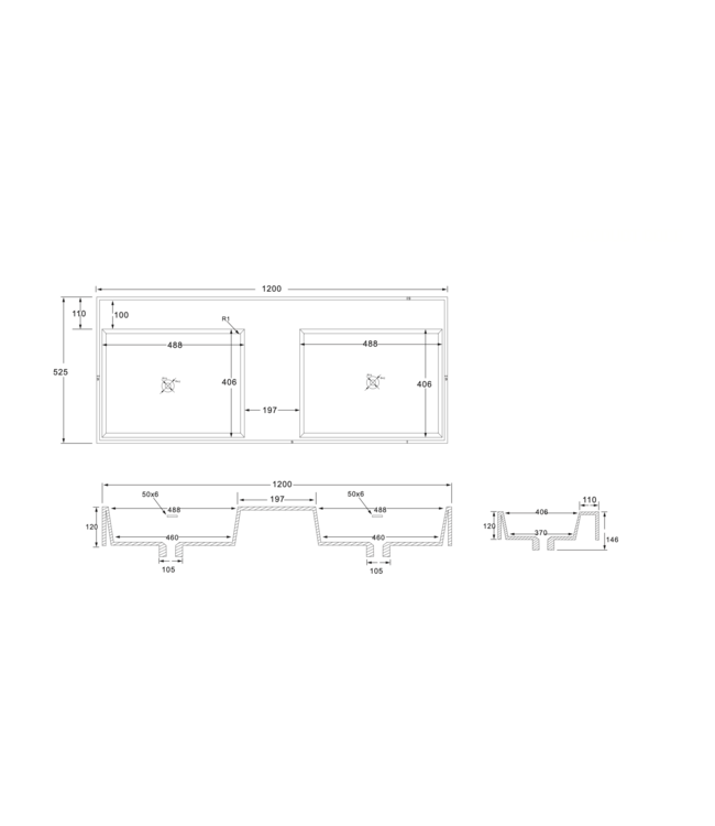 Wastafel Wonda Square 120cm - Kunstmarmer Dubbele wasbak - zonder kraangaten