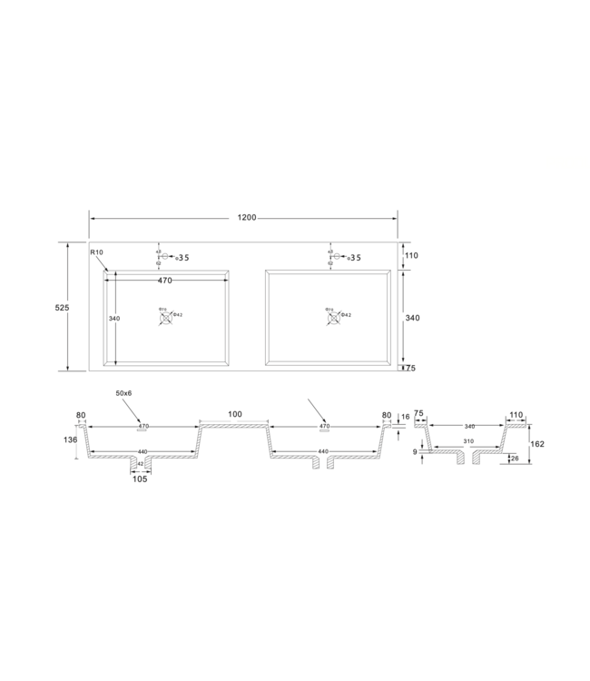 Wastafel Wonda Square slim 120cm - Kunstmarmer Dubele wasbak met 2 kraangaten