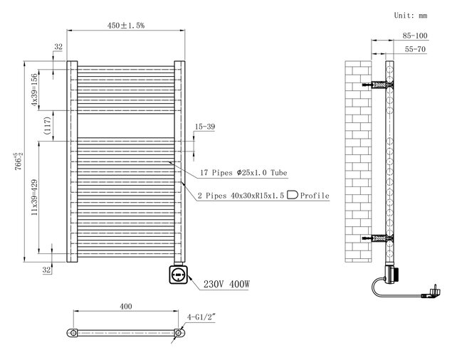 Elektrische Radiator Elara Smart WiFi - 76x45 cm - 400W - Zwart
