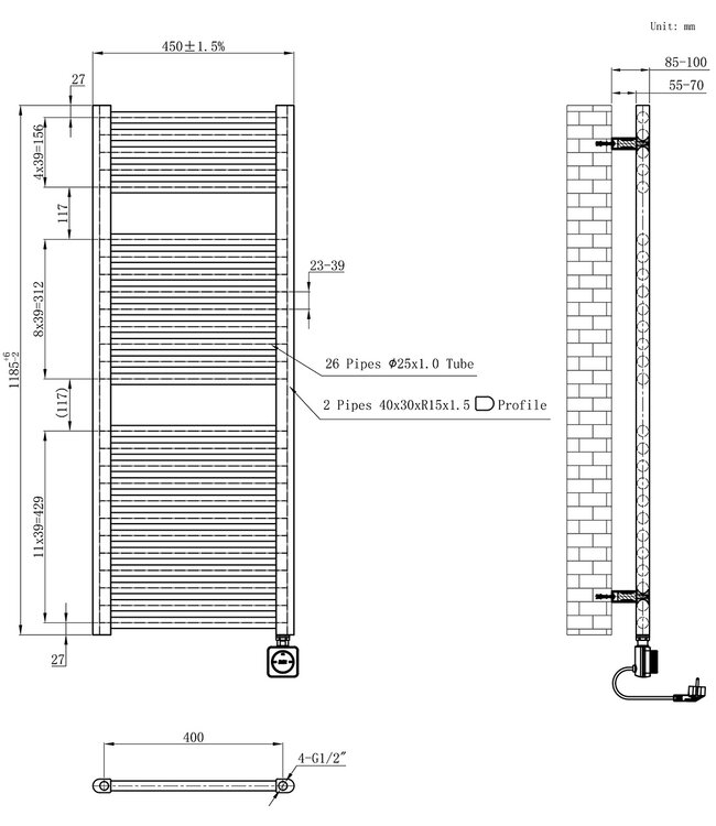 Elektrische Radiator Elara Smart WiFi - 118x45 cm - 700W - Brons Koper PVD