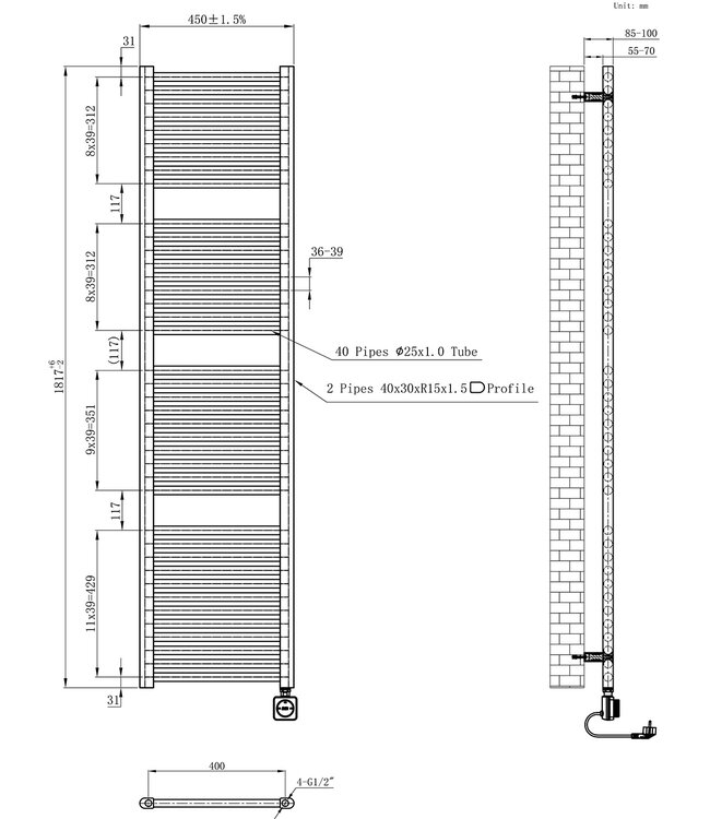 Elektrische Radiator Elara Smart WiFi - 182x45 cm - 1000W - Geborsteld Messing - PVD