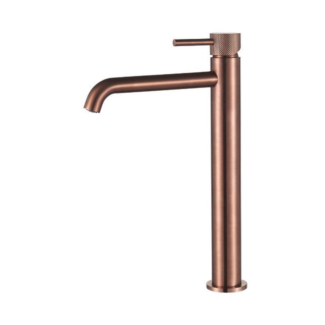 Wastafelkraan Slimline Hoog – Geborsteld Brons met Geribbelde Knop