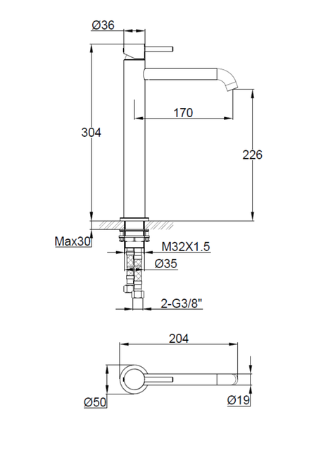 Wastafelkraan Slimline Hoog – RVS met Geribbelde Knop