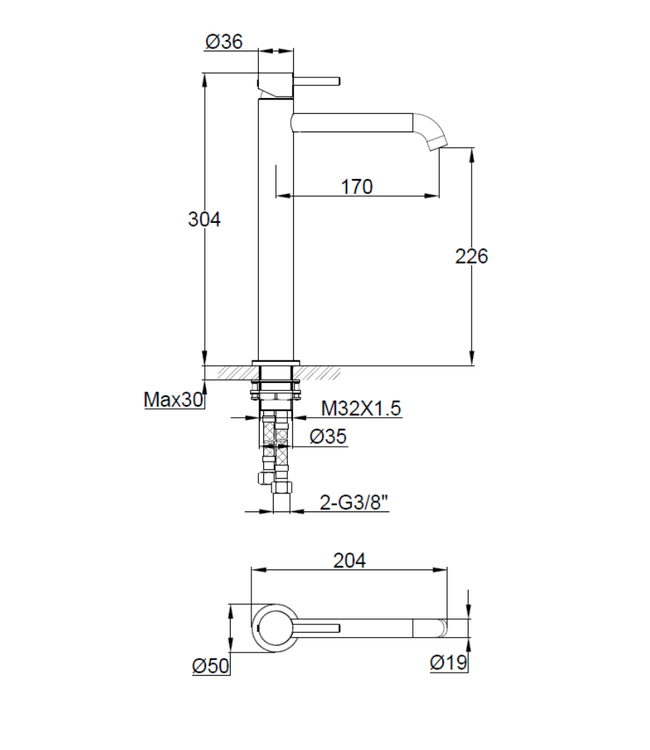 Wastafelkraan Slimline Hoog – RVS met Geribbelde Knop
