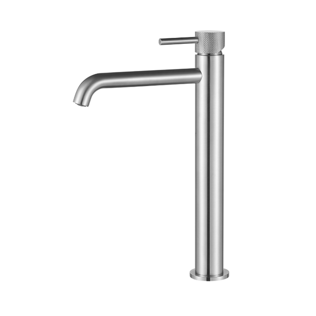 Wastafelkraan Slimline Hoog – RVS met Geribbelde Knop