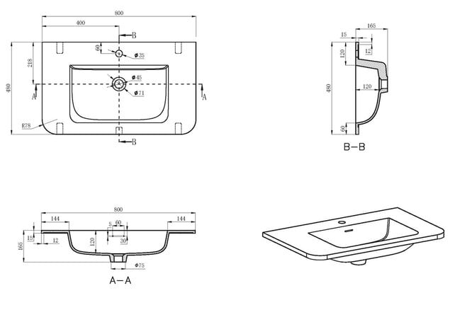 Wastafel Laro 80x48cm Mat Wit met kraangat - Solid Surface
