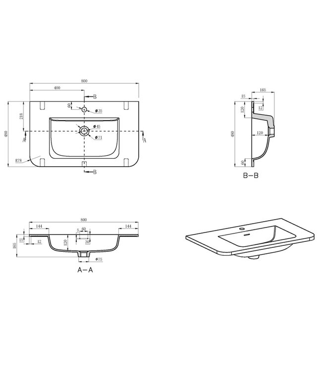 Wastafel Laro 80x48cm Mat Wit met kraangat - Solid Surface