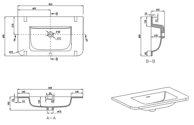 Wastafel Laro 80x48cm Mat Wit Zonder kraangat - Solid Surface