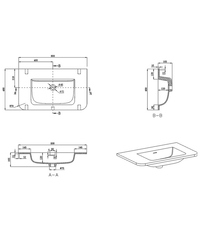 Wastafel Laro 80x48cm Mat Wit Zonder kraangat - Solid Surface