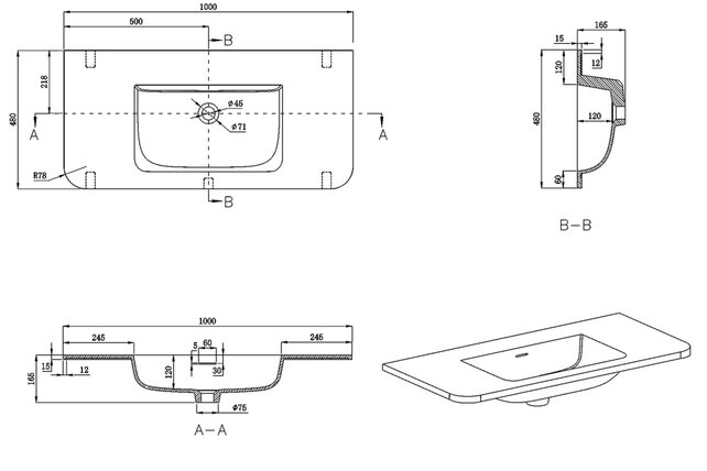 Wastafel Laro 100x48cm Mat Wit Zonder kraangat - Solid Surface