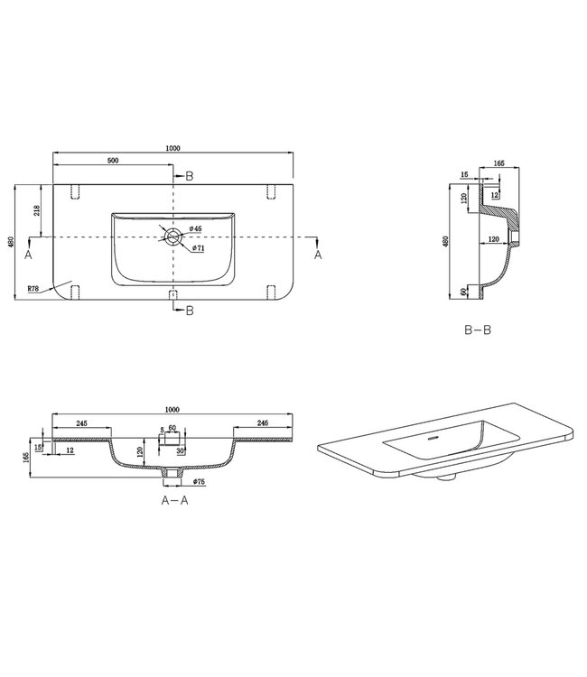 Wastafel Laro 100x48cm Mat Wit Zonder kraangat - Solid Surface