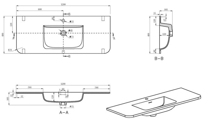 Wastafel Laro 120x48cm Mat Wit met kraangat - Solid Surface