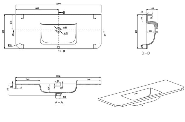 Wastafel Laro 120x48cm Mat Wit zonder kraangat - Solid Surface