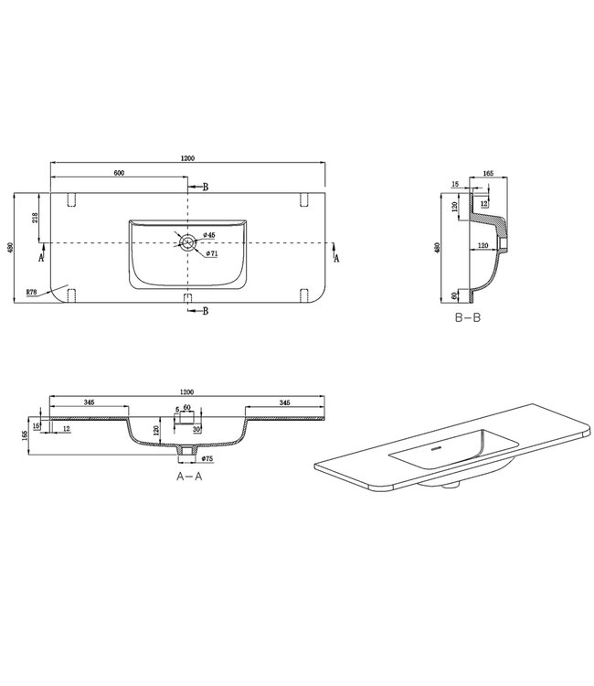 Wastafel Laro 120x48cm Beige zonder kraangat - Solid Surface