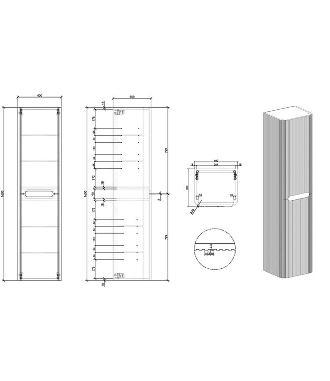 Kolomkast Sulora Mat Zwart | Geribbeld & Rond | 160x40 cm
