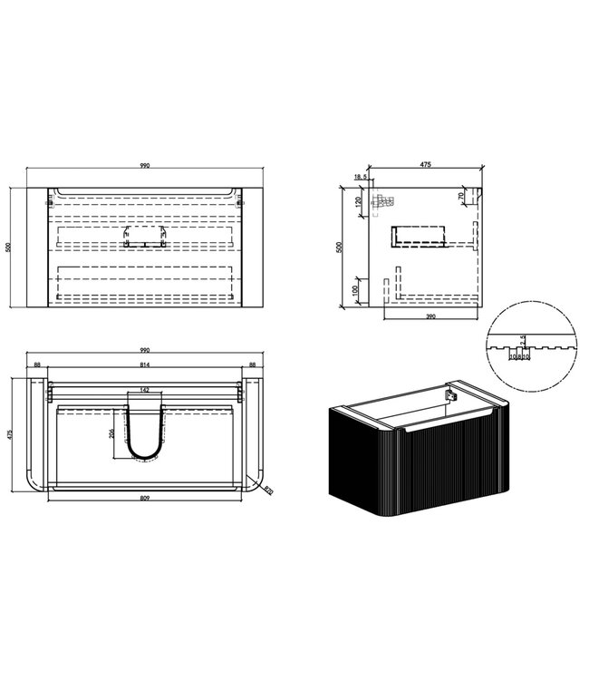 Onderkast Sulora Walnoot 100cm | Geribbeld Design & Softclose