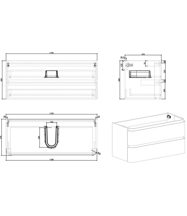 Onderkast Novira Mat Wit 120x48cm | Afgeronde hoeken