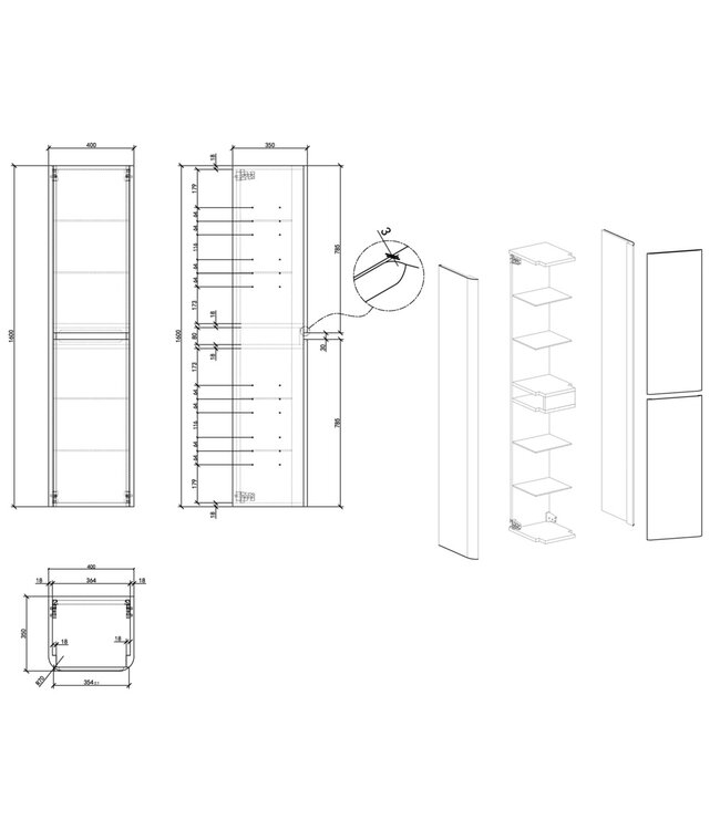 Kolomkast Novira – Mat Zwart – 160x40x35cm - Afgeronde hoeken