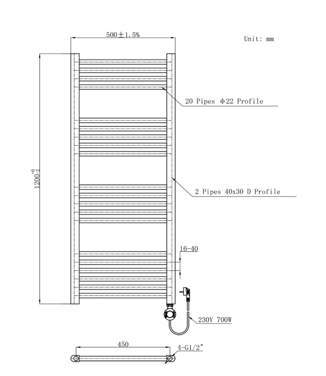 Elektrische Handdoekradiator Mat Zwart 120x50cm 700Watt met Smart Wifi - programeerbaar