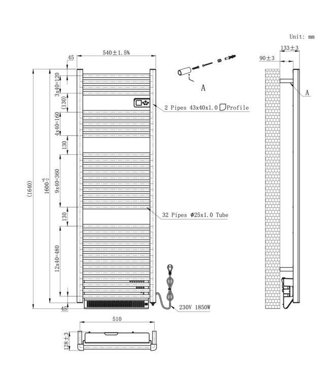 Elektrische Handdoekradiator Dahlia Wit 164x54cm 1850 Watt met blower - Programmeerbaar