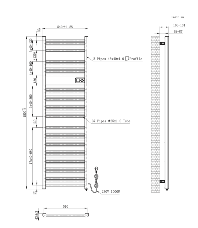 Elektrische Handdoekradiator 180x54cm 1000 Watt Wit - Met Smart Wifi