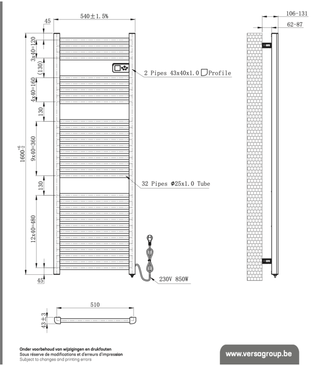 Elektrische Handdoekradiator 160x54cm 850 Watt Zwart - Met Smart Wifi