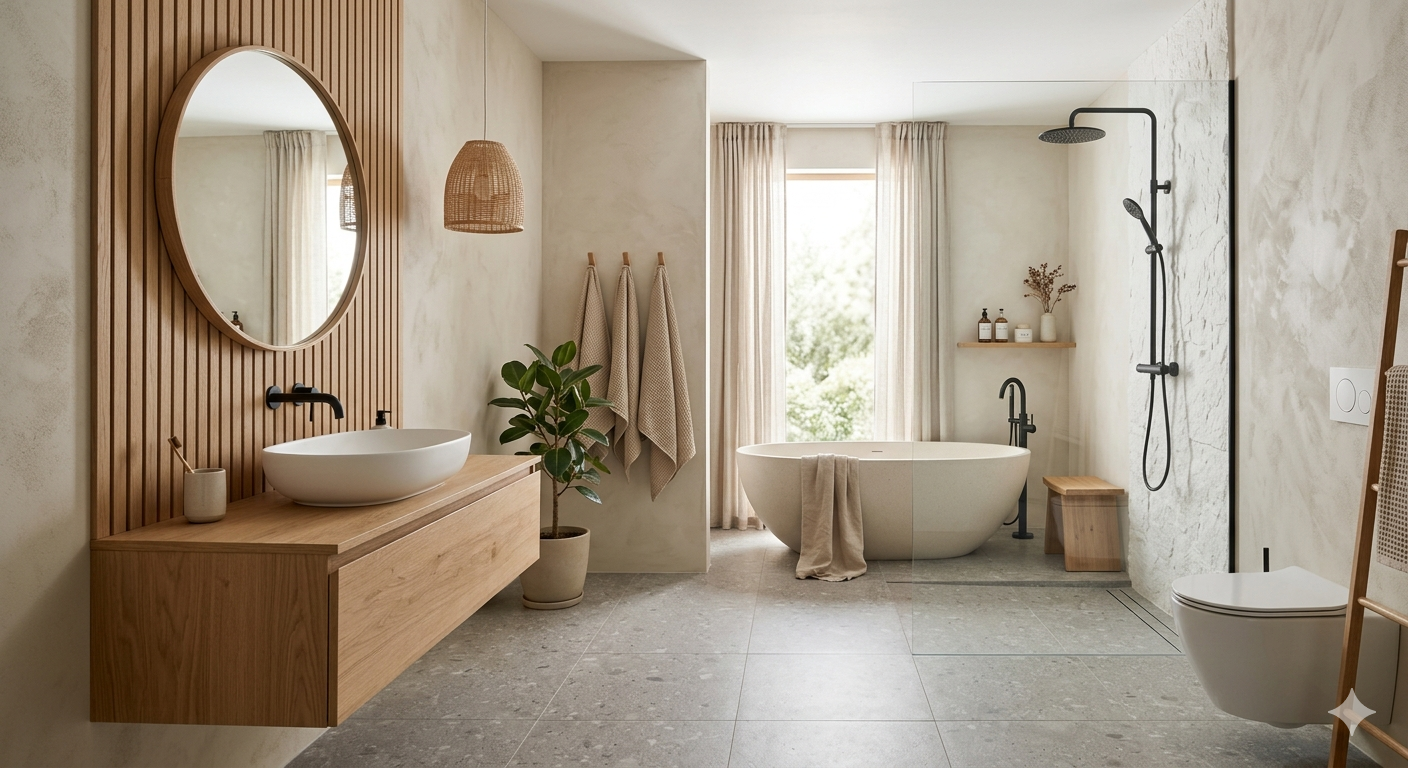 Japandi badkamer: serene rust thuis