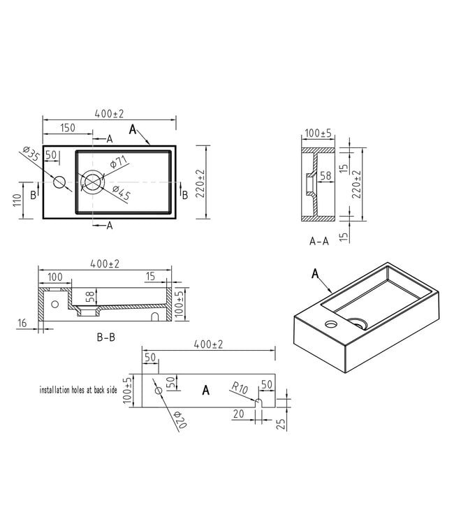 Toilet Fontein Lotte Mat Zwart Links 40x22x10cm Solid Surface