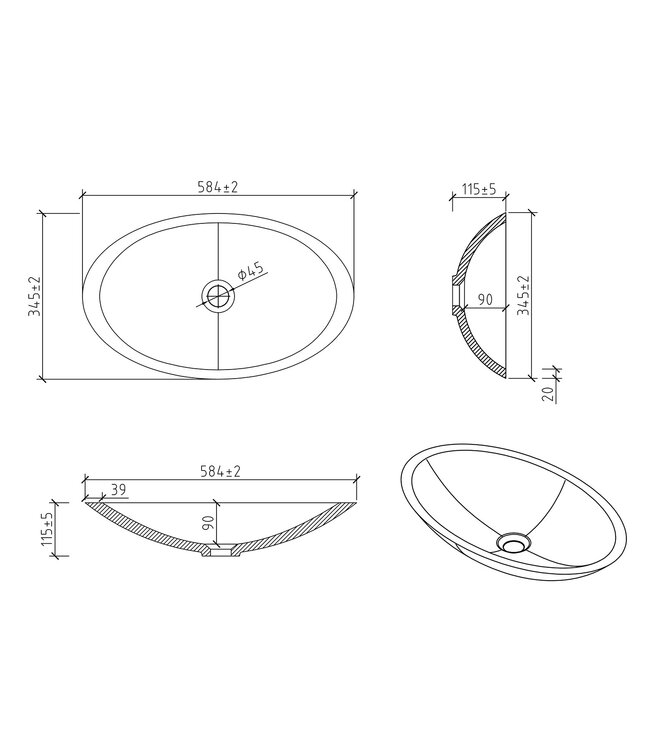 Waskom Ovaal Kim Mat Zwart | 59cm Solid Surface Opzetwaskom