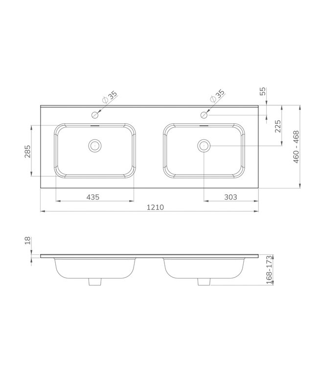 Wastafel Dubbel Bajo - 120 x 46 cm - Keramiek Glans Wit (2 Kraangaten)
