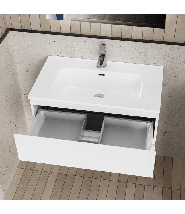 Badkamermeubelset Compleet ALONI LIVA  - 80cm - Glanzend Wit met Wastafel & Led - Spiegel