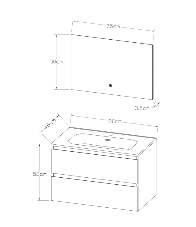 Badkamermeubelset Compleet ALONI LIVA  - 80cm - Mat Zwart met Wastafel & Led - Spiegel